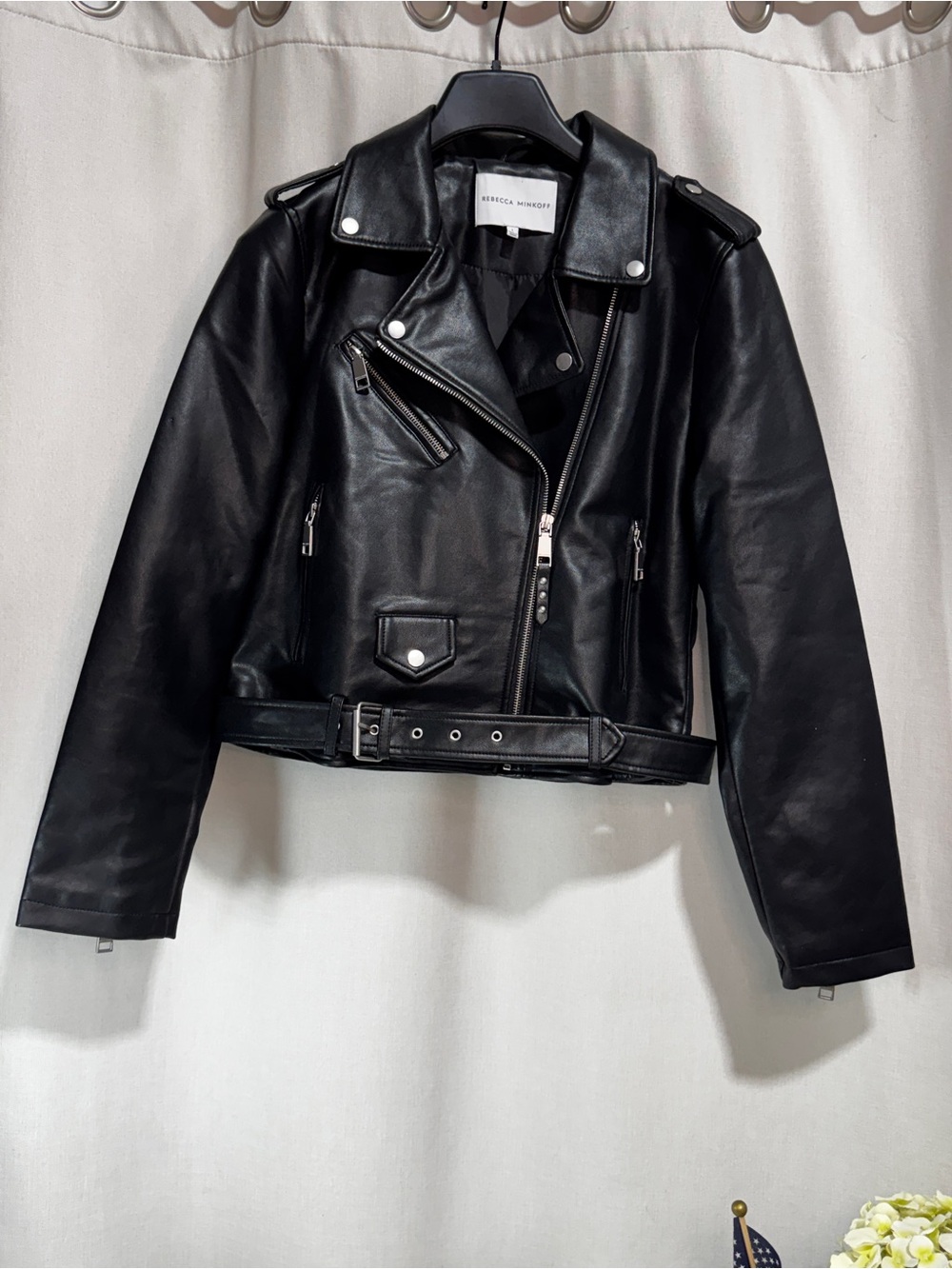 Rebecca Minkoff Women's Black Faux Leather Biker Moto Jacket Belted Size L